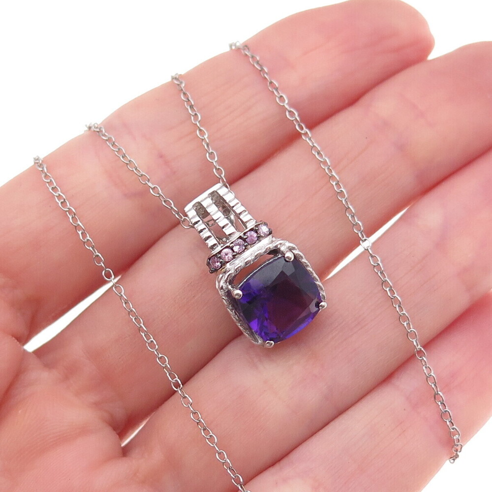 925 Sterling Silver Real Amethyst & Pink Topaz Cable Chain Necklace 18"